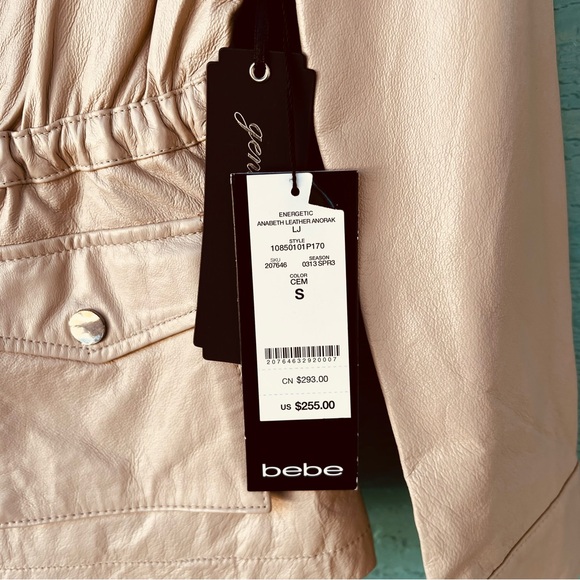 Bebe Genuine Leather Utility Jacket Cream Beige Zip Front NWT Size S - Picture 5 of 12